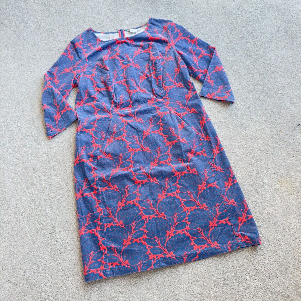 Boden Needlecord Shift Dress Blue Orange Floral Corduroy Pockets US 12L or UK16L